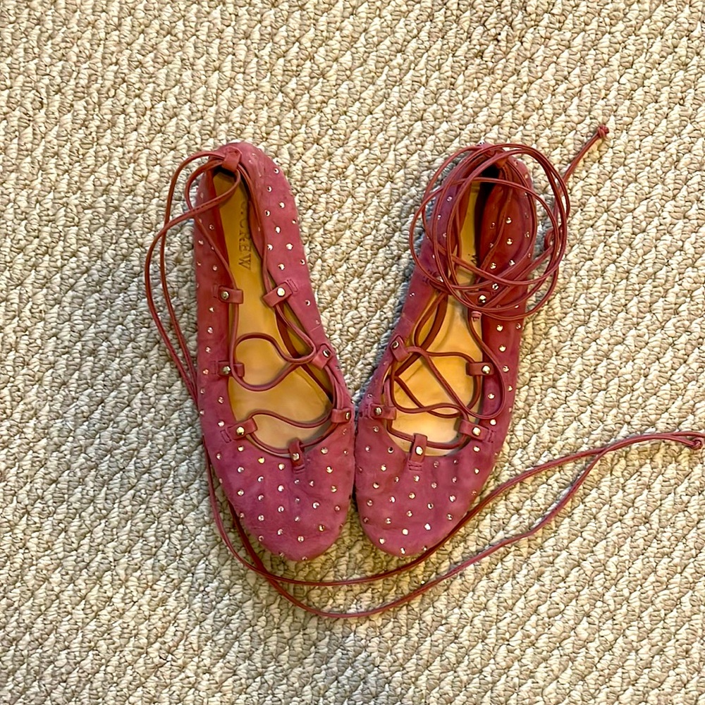 J. Crew Rose Suede Lace-Up Ballet Flats Dotted with Gems Women’s Size 7